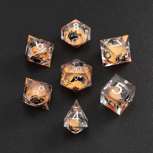 Orange Swirl Liquid Core Dice Resin Set featuring a black cat animal dice design.