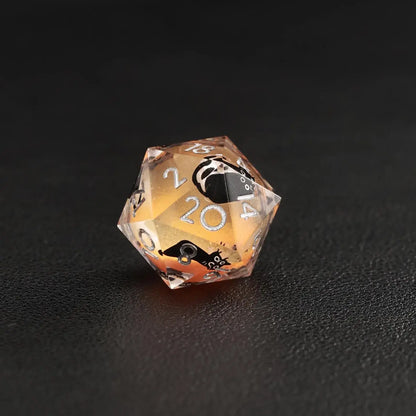 Detailed image of the animal dice d20 with black cat silhouette in the Liquid Core Dice Resin Set.