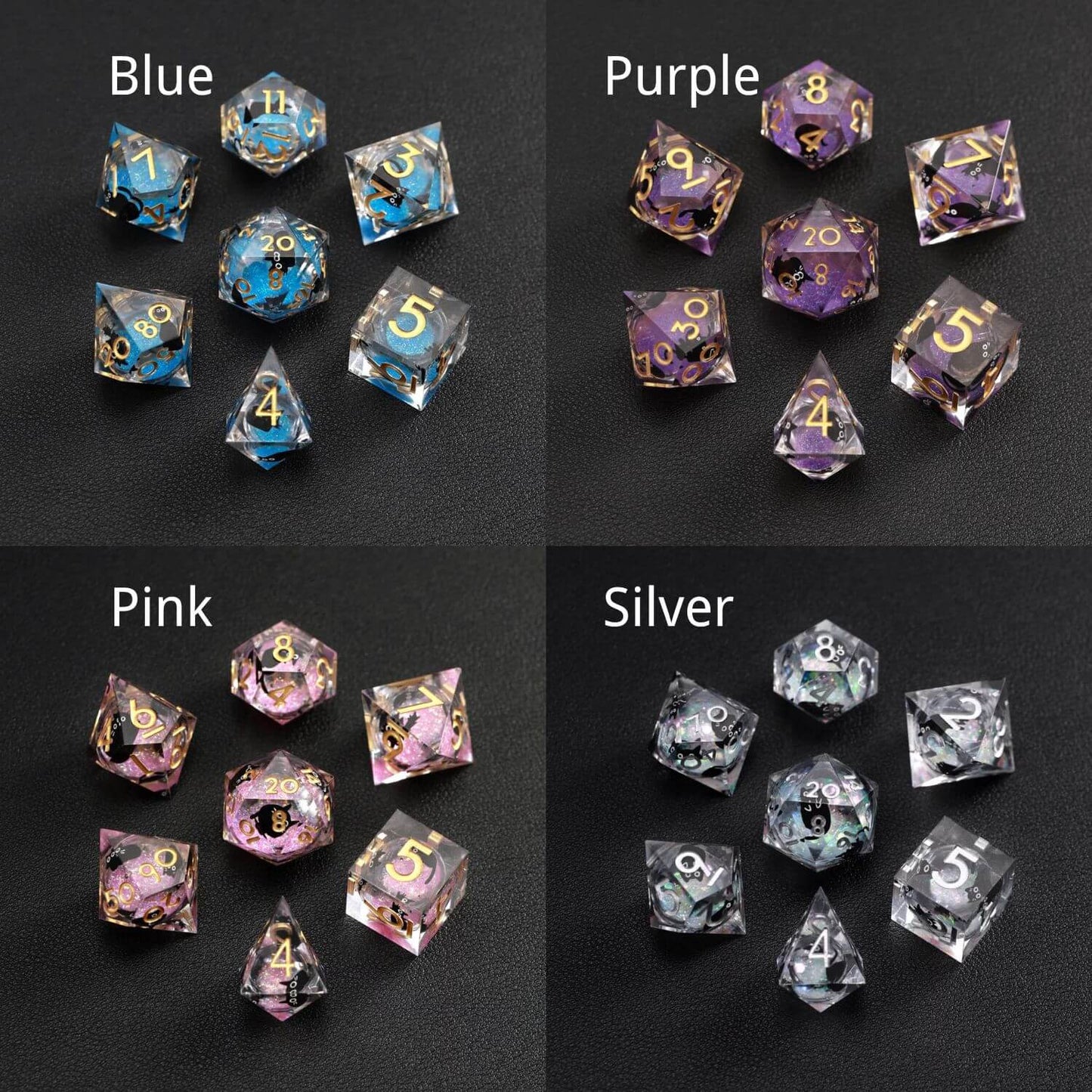 Multi-color (Blue, Purple, Pink, Silver) Liquid Core Dice Resin Set with a cute black cat animal dice design, perfect for gamers.