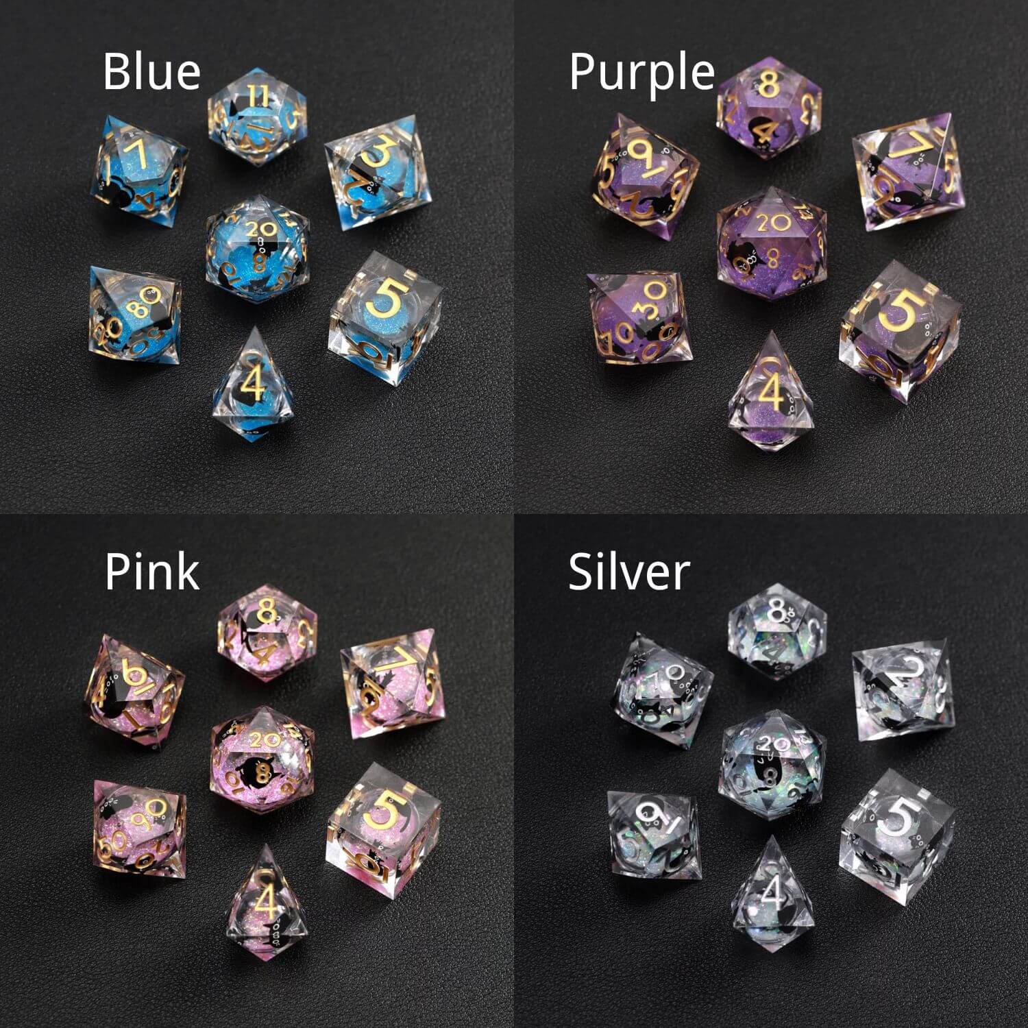 Multi-color (Blue, Purple, Pink, Silver) Liquid Core Dice Resin Set with a cute black cat animal dice design, perfect for gamers.