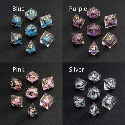 Multi-color (Blue, Purple, Pink, Silver) Liquid Core Dice Resin Set with a cute black cat animal dice design, perfect for gamers.