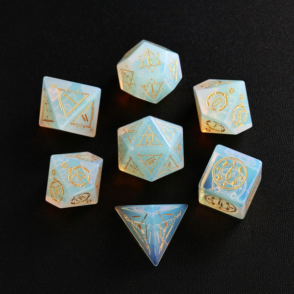 Green D&D Opalite Gemstone Engraved Dice Set