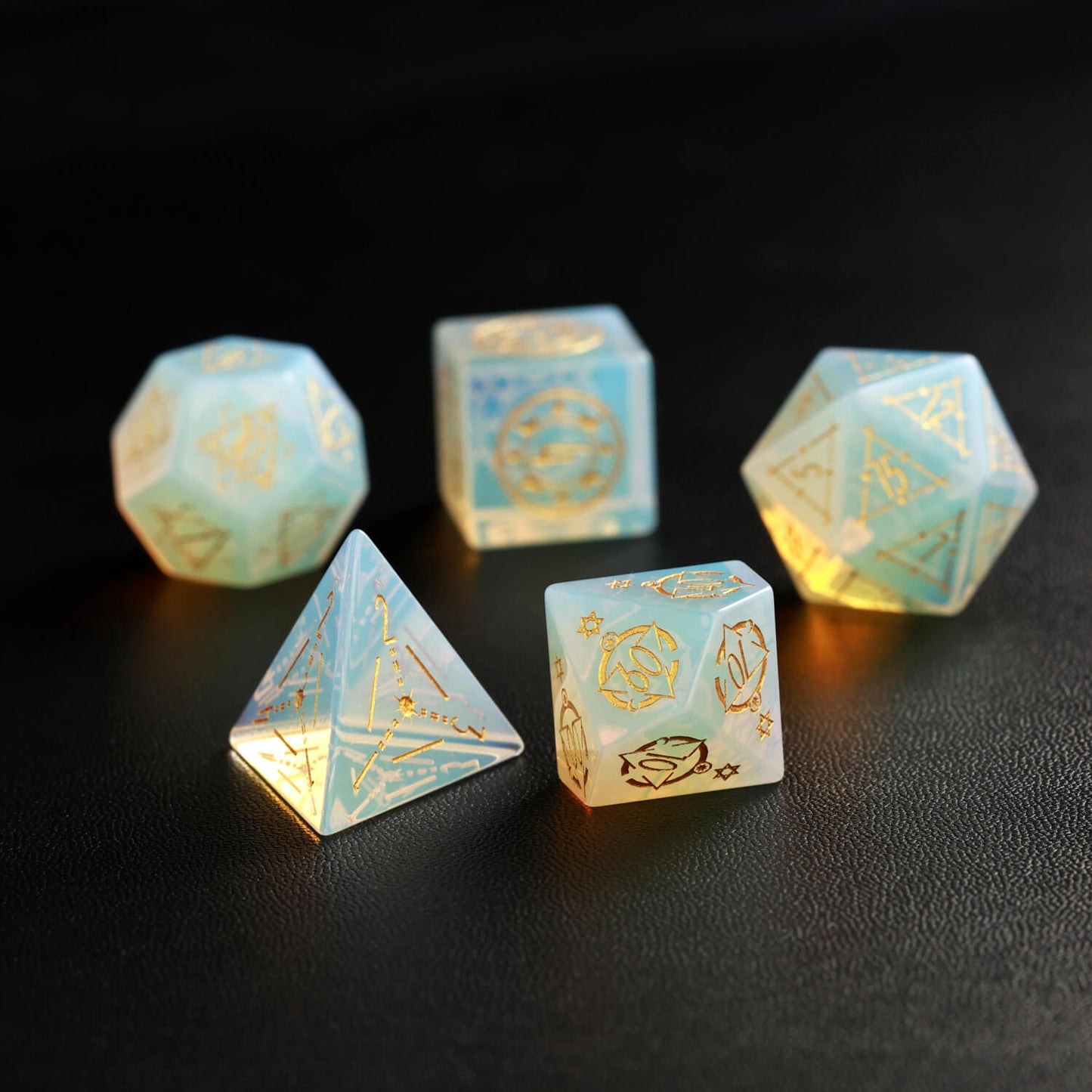 Green D&D Opalite Gemstone Engraved Dice Set