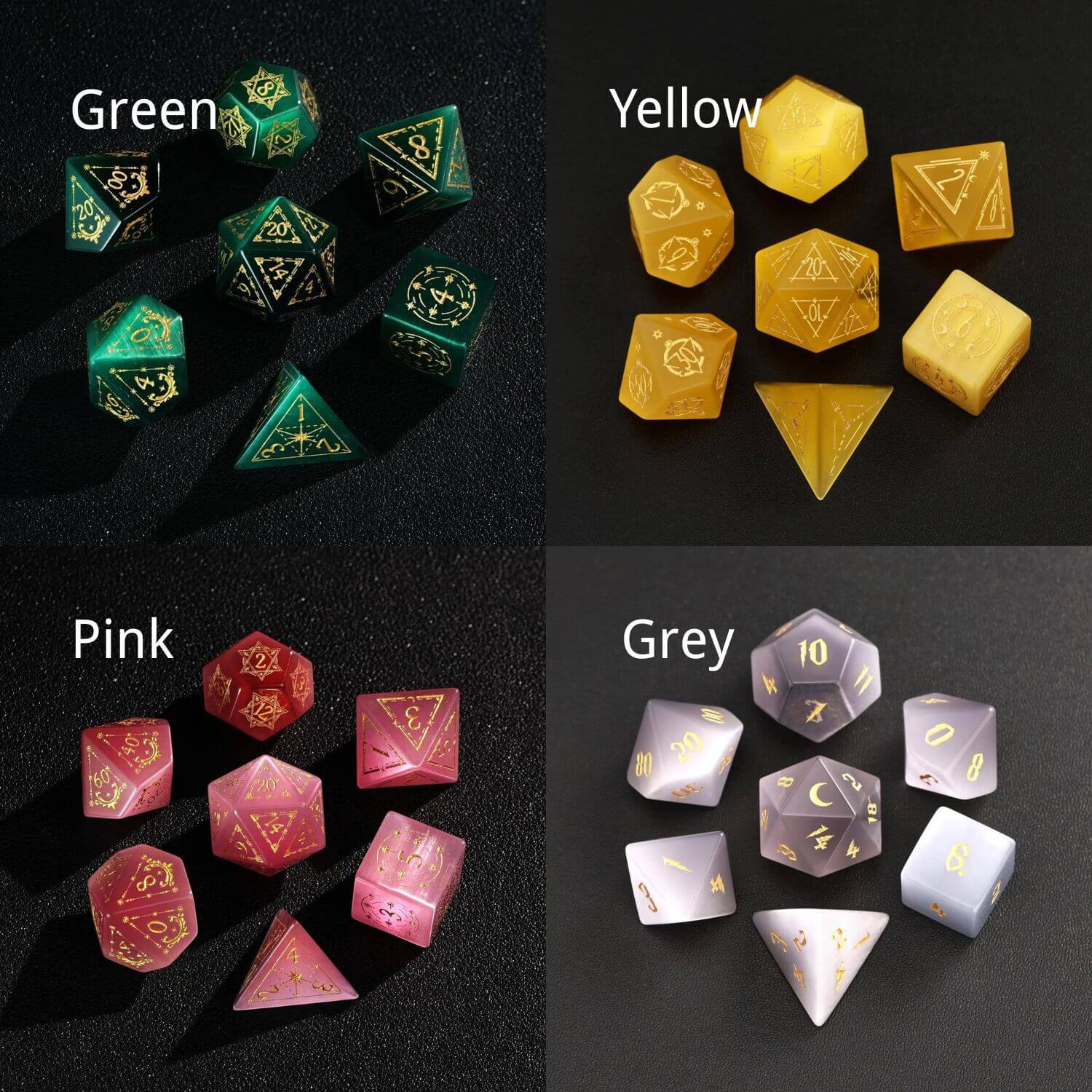 Four different colors of Cat's Eye Gemstone Dice (Pink, Green, Gray, Yellow) displayed side-by-side on a black background, showcasing the variety of available Polyhedral Dice options.
