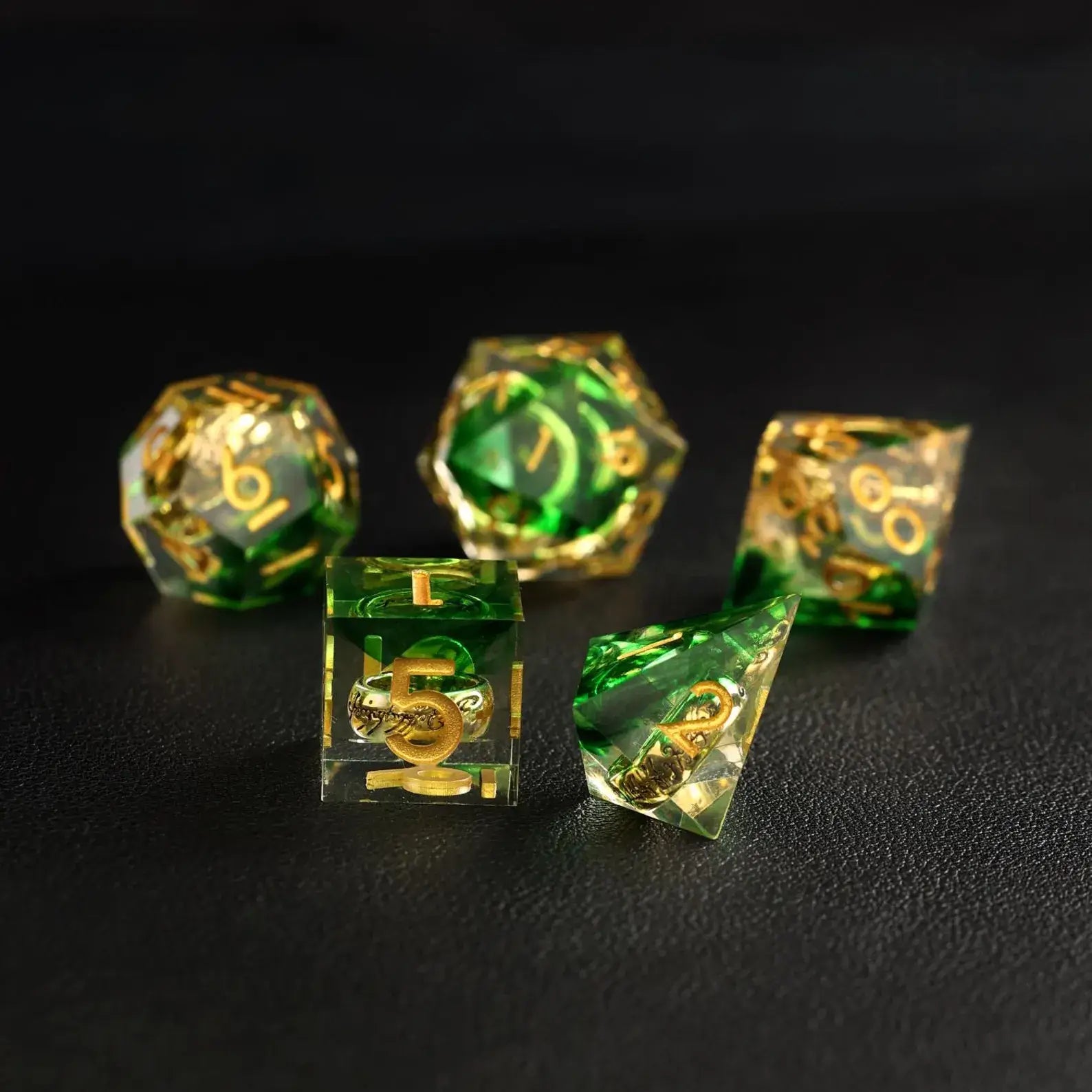 Green Blue Brass Ring D6 resin dice showing craftsmanship and metallic ring detailing, SKU R-72