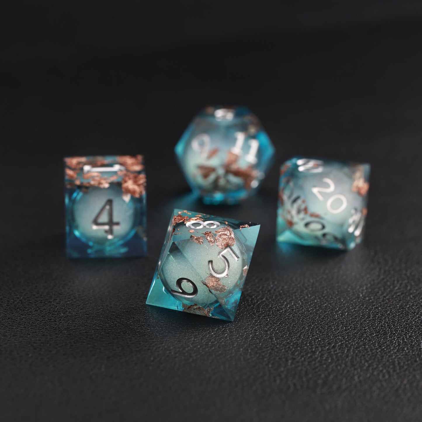 Blue Copper Foil Liquid Core D8 resin dice for precise DND rolls and tabletop games