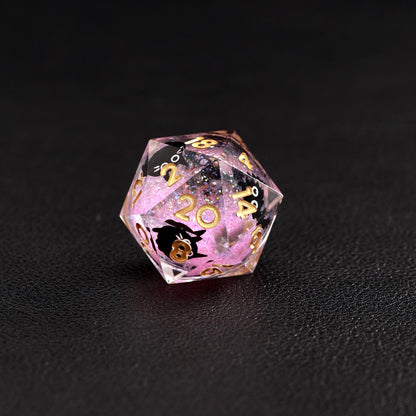 Specific image of the d20 die from the Liquid Core Dice Resin Set, emphasizing the black cat animal dice and pink fluid.