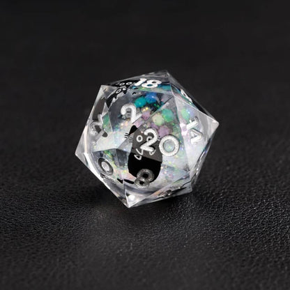 Specific image of the d20 die from the Liquid Core Dice Resin Set, emphasizing the black cat animal dice.