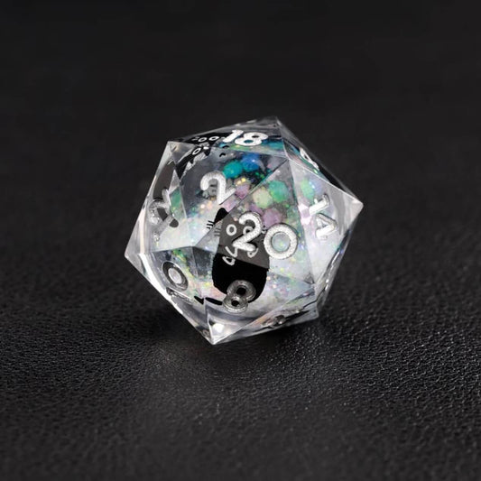 Specific image of the d20 die from the Liquid Core Dice Resin Set, emphasizing the black cat animal dice.