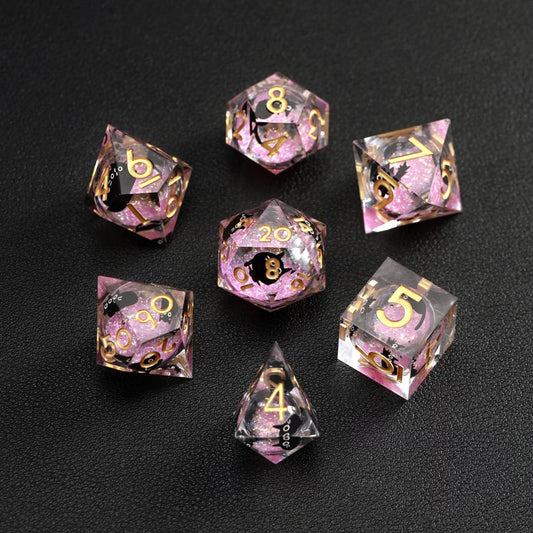 Close-up of Pink Swirl Liquid Core Dice Resin Set, featuring the black cat animal dice inclusion.