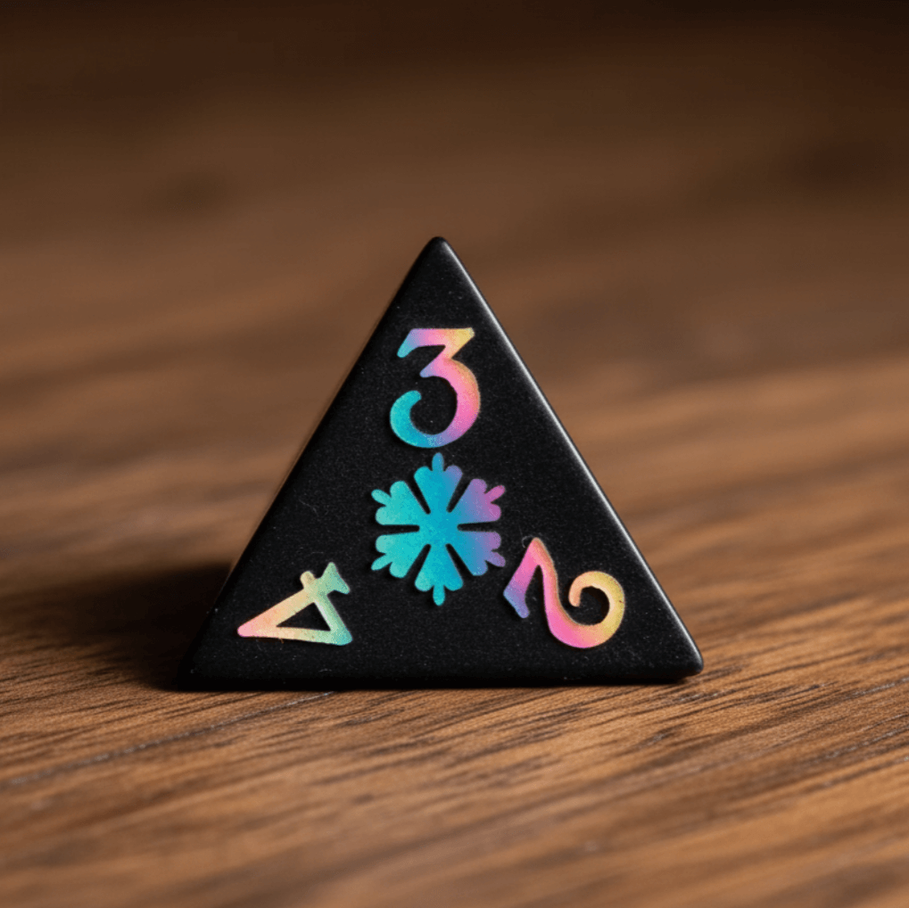 Black Obsidian Crown Gemstone DND Dice Sets are neatly arranged on a dark walnut tabletop.