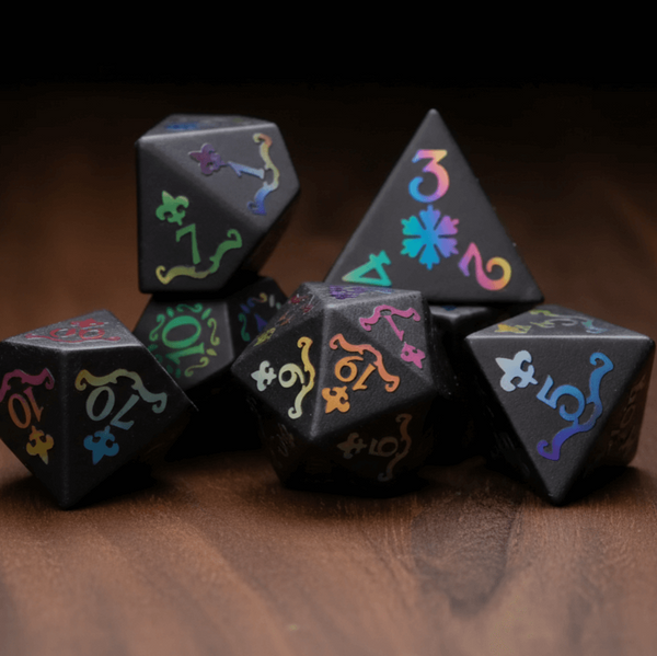 Seven Black Obsidian Crown Gemstone DND Dice Sets are neatly arranged on a dark walnut tabletop.