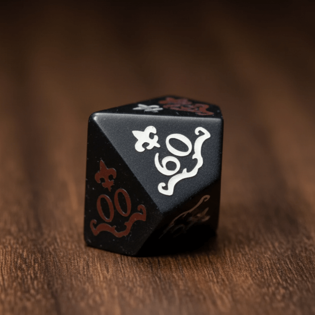 Seven Black Obsidian Crown Gemstone DND Dice Sets are neatly arranged on a dark walnut tabletop.