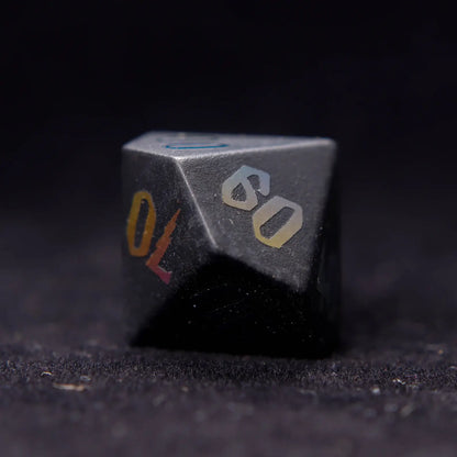 A beautiful Black Obsidian D10 Lightning die, showcasing smooth surfaces and dynamic lightning details, ideal for role-playing games.
