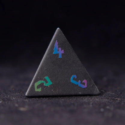 Black Obsidian D4 Lightning die with striking obsidian veins, offering a precise roll and adding a touch of elegance to your dice collection