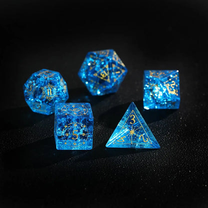 Macro view of the sharp point of the Blue Glass D4. Focus on the dangerous aesthetic of the sharp edge dice.
