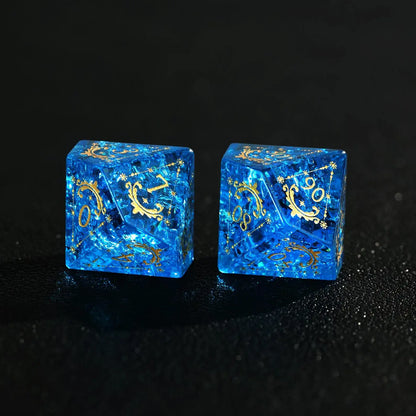 Blue Glass Sharp Edge RPG Dice Set scattered across a pure black background. Shows the luxury finish and light reflection.