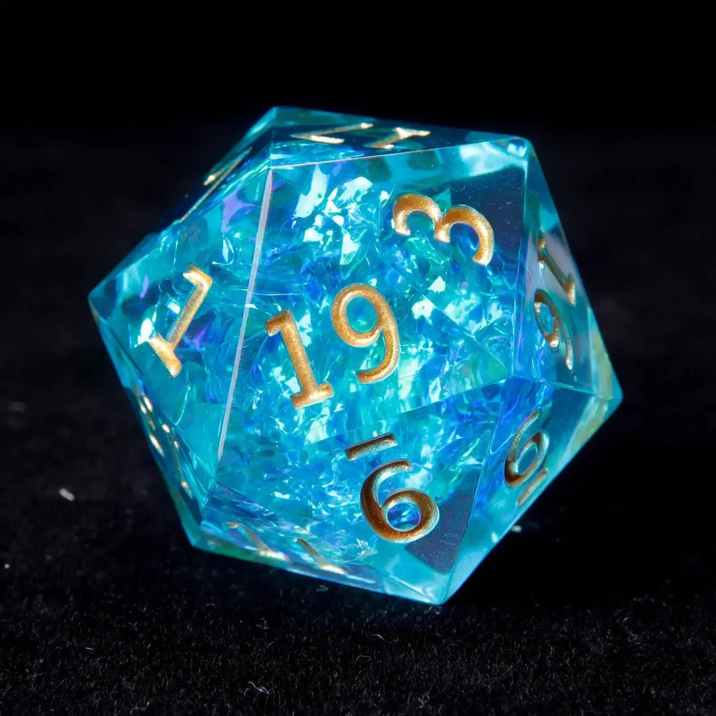 A Blue Lightning D20 die, featuring electric blue veins running through a translucent resin surface, perfect for striking rolls in D&D.