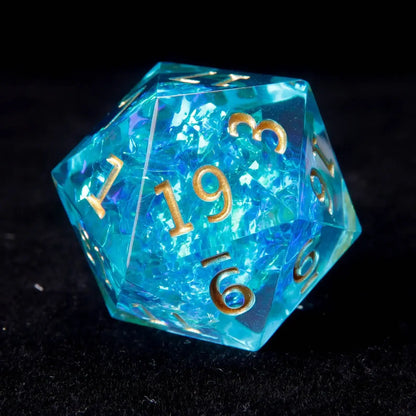 A Blue Lightning D20 die, featuring electric blue veins running through a translucent resin surface, perfect for striking rolls in D&D.