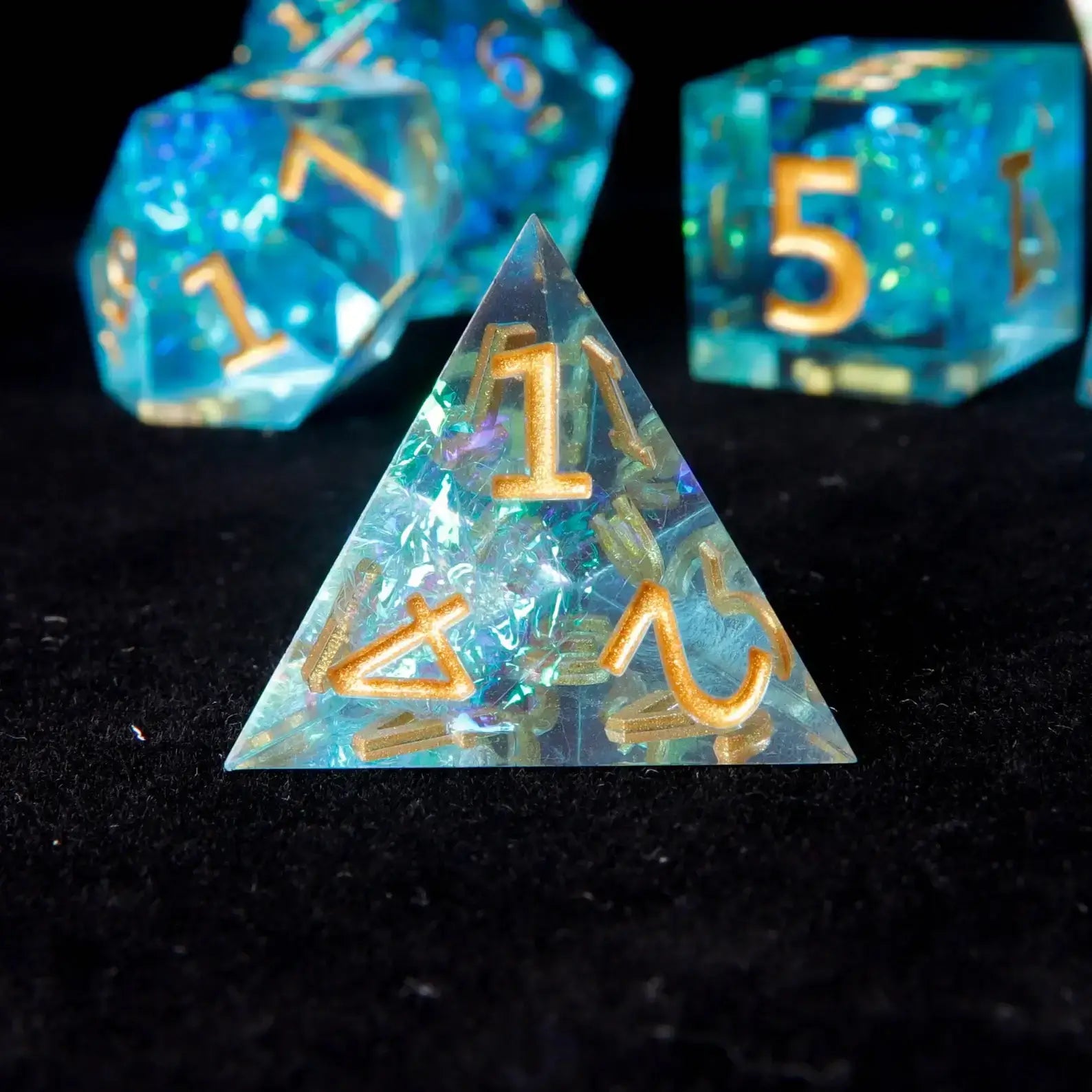 The Blue Lightning D4 die, with a striking electric blue pattern, providing both beauty and precision for your tabletop adventures.