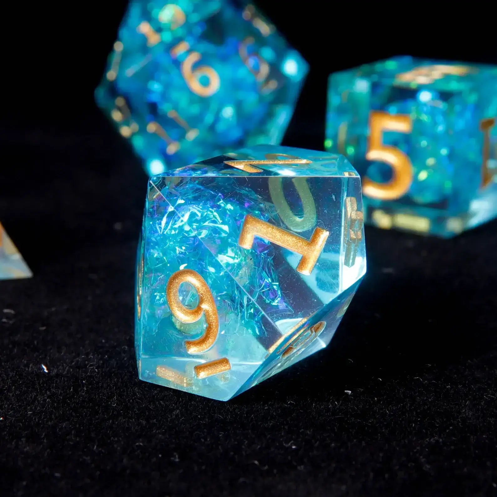 The Blue Lightning D8 die, featuring stunning electric blue veins and a polished finish for smooth rolls and visual appeal.