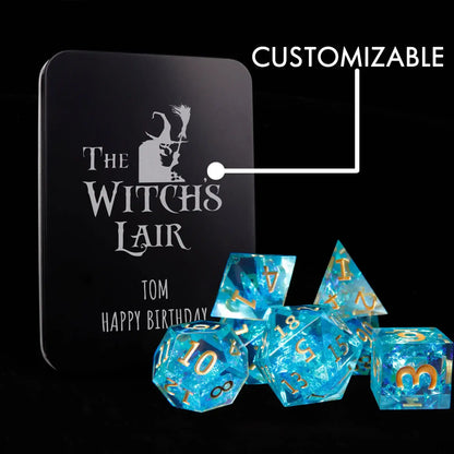 Blue Lightning DND Dice Set - R-51 with custom engraving, adding a personalized touch to these electrifying dice for D&D enthusiasts.