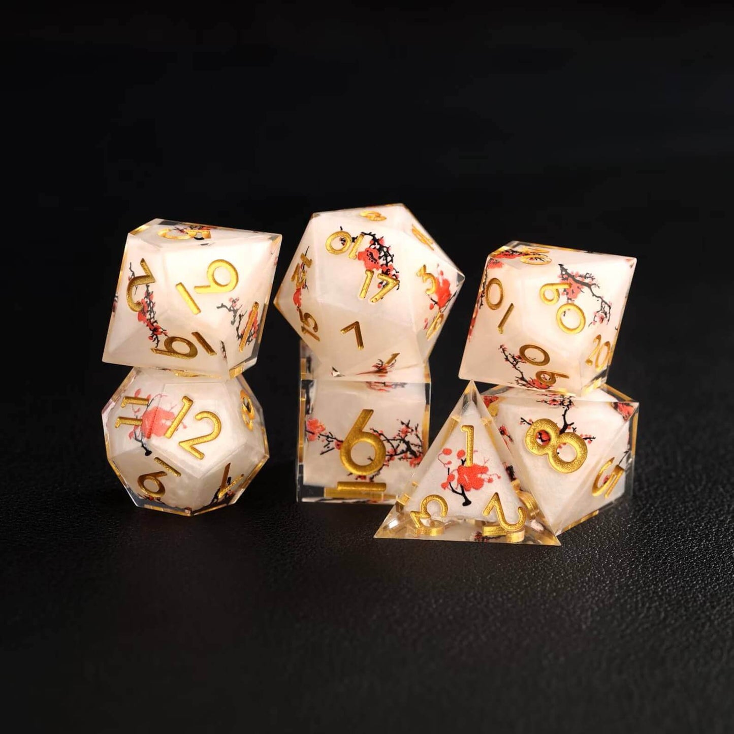 Close-up view of the intricate floral designs embedded in the Botanical Floral D&D Dice Set, highlighting the fine craftsmanship and resin quality.