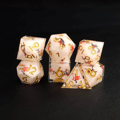 Close-up view of the intricate floral designs embedded in the Botanical Floral D&D Dice Set, highlighting the fine craftsmanship and resin quality.