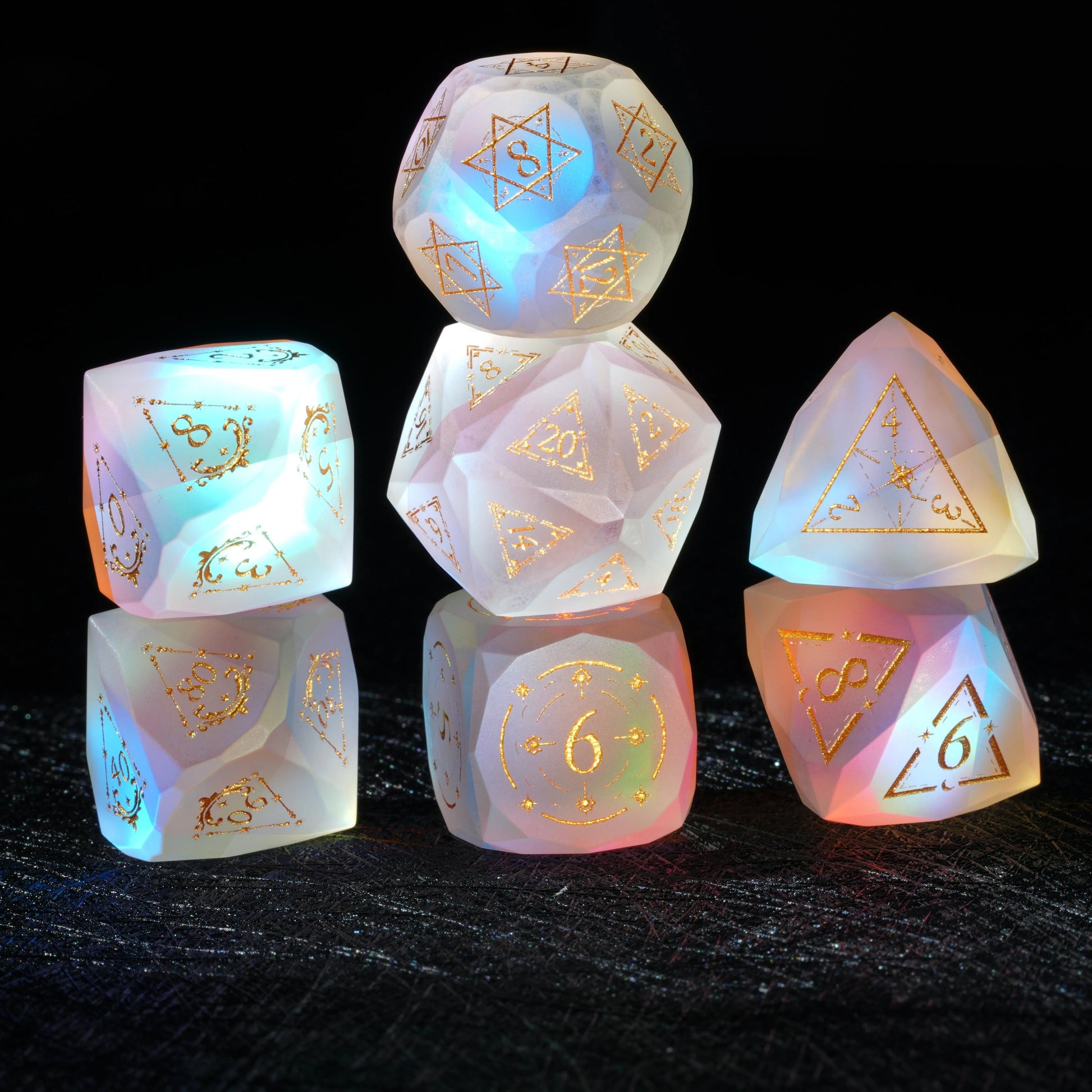 Top view of the seven-piece Frosted Aurora Opalite Glass Dice Set with d4, d6, d8, d10, d12 and d20