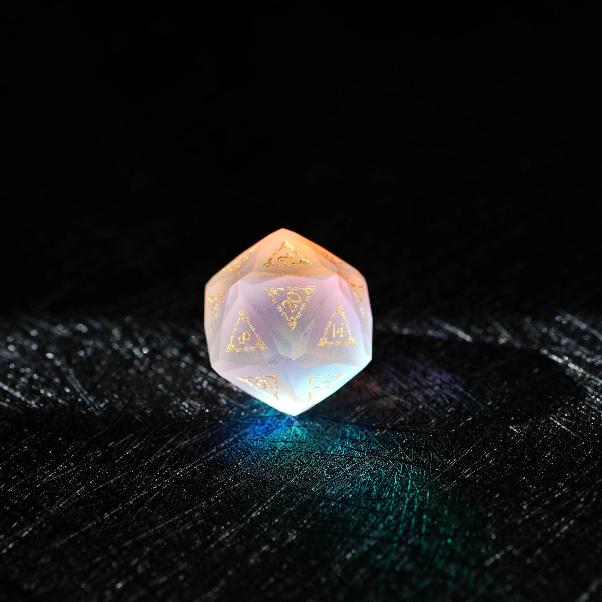 Top view of the seven-piece Frosted Aurora Opalite Glass Dice Set with d4, d6, d8, d10, d12 and d20