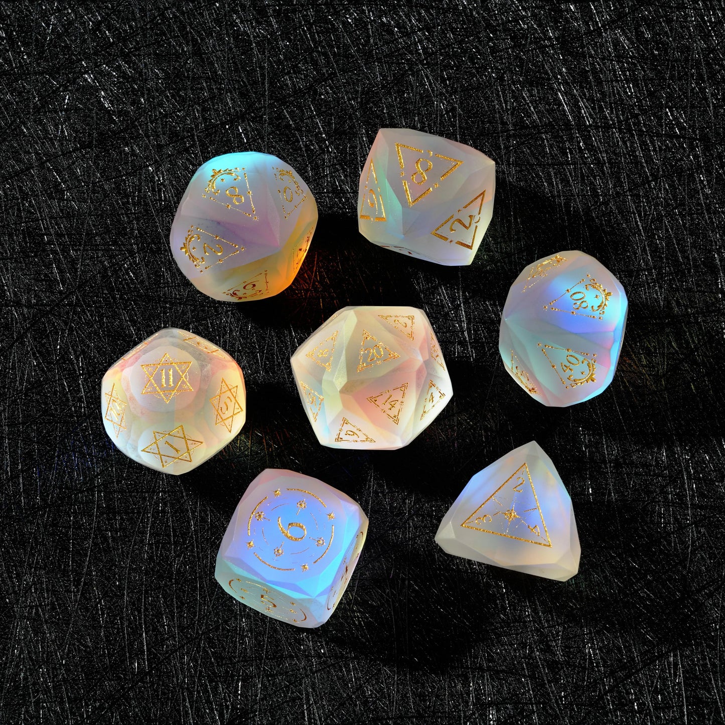 Complete seven-piece Frosted Aurora Opalite Glass Dice Set stacked for a DND tabletop RPG set