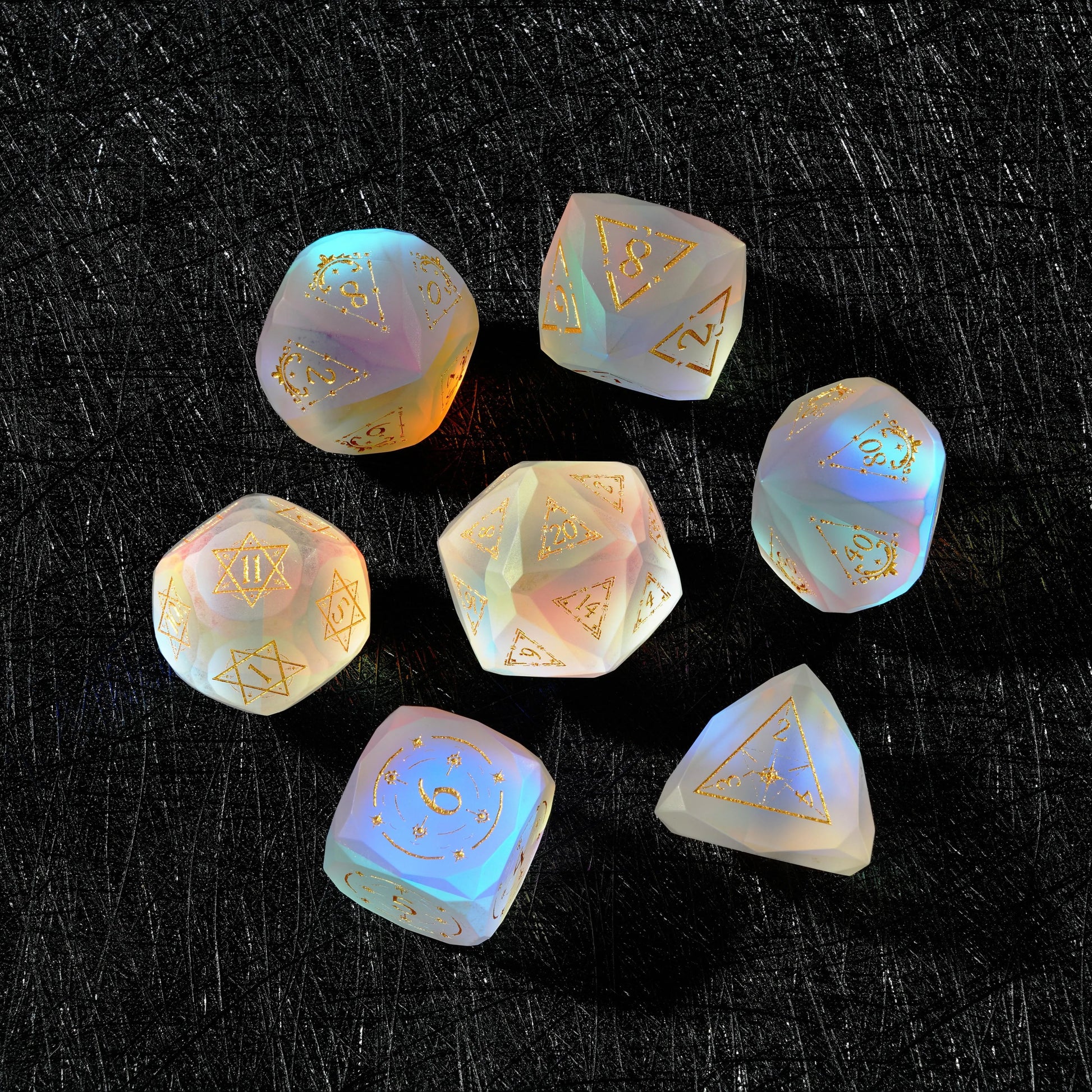 Complete seven-piece Frosted Aurora Opalite Glass Dice Set stacked for a DND tabletop RPG set