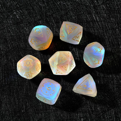 Complete seven-piece Frosted Aurora Opalite Glass Dice Set stacked for a DND tabletop RPG set