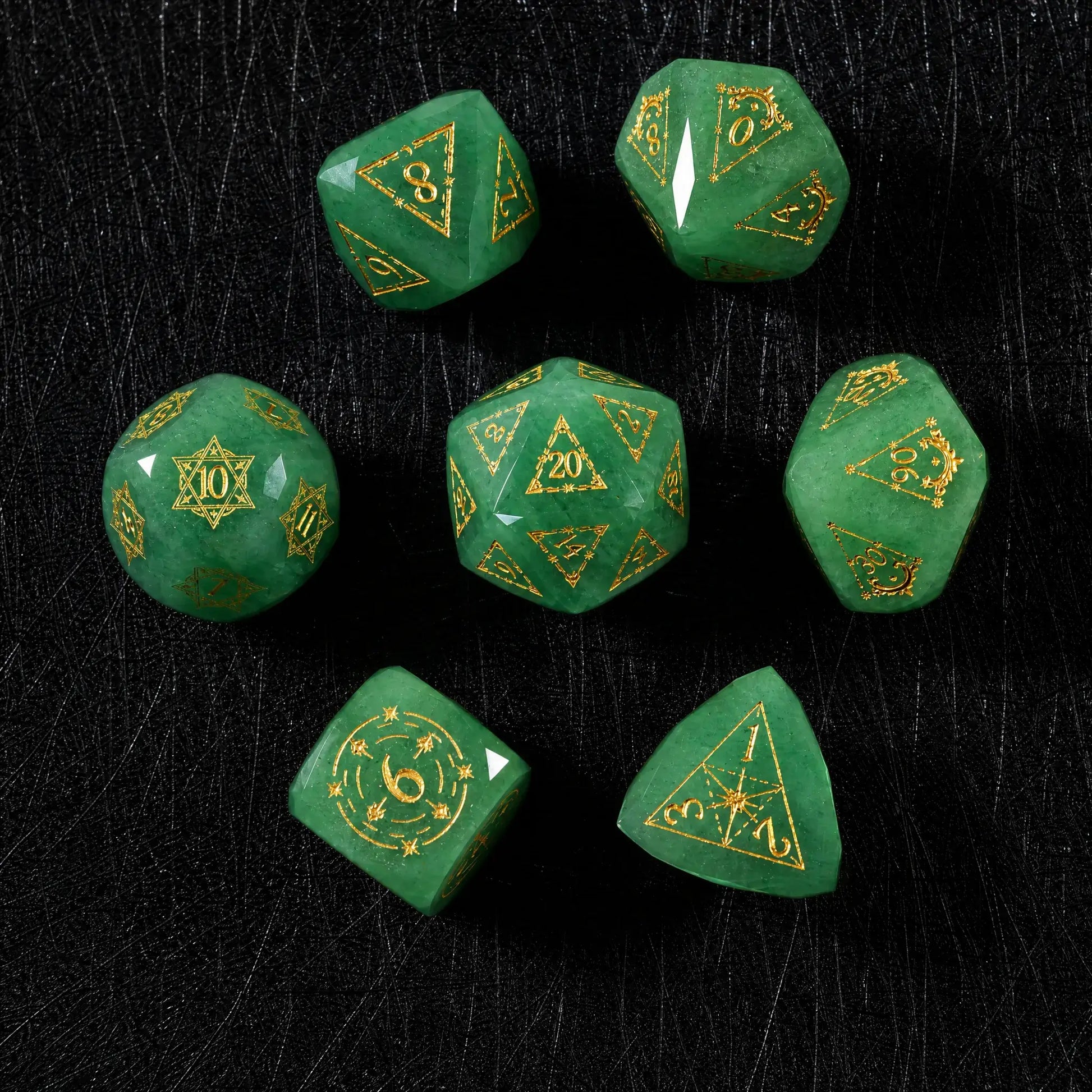 Complete seven-piece Celestial Green Aventurine Gemstone Dice Set stacked for a DND tabletop RPG set