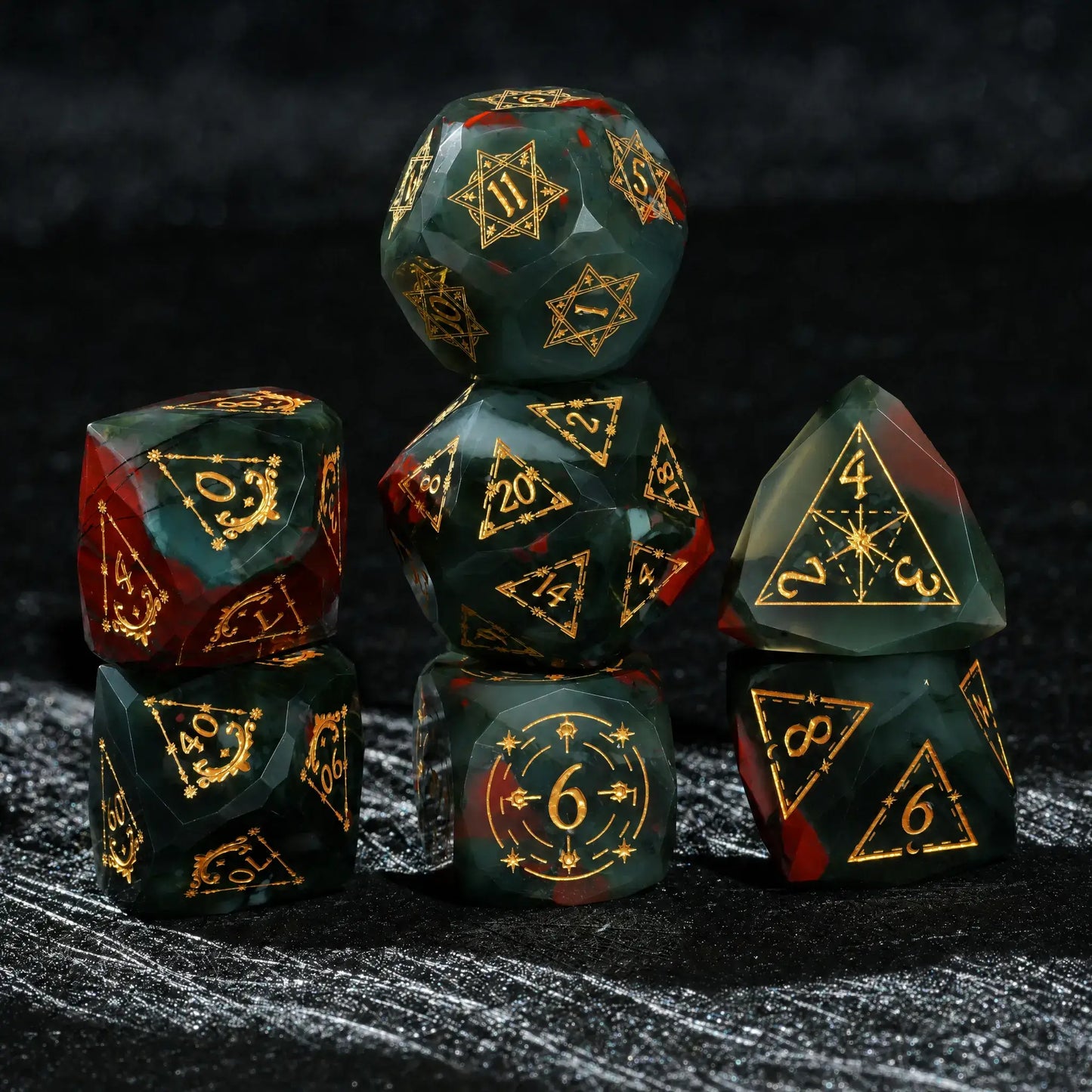 Complete seven-piece Celestial Bloodstone Gemstone Dice Set stacked for a DND tabletop RPG set