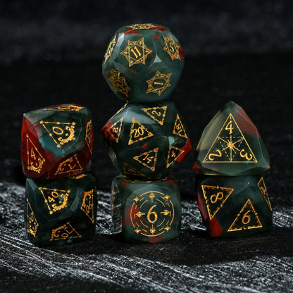 Complete seven-piece Celestial Bloodstone Gemstone Dice Set stacked for a DND tabletop RPG set