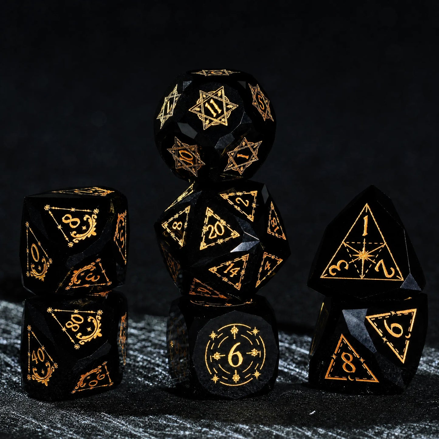 Top view of the seven-piece Celestial Black Obsidian Dice Set with d4, d6, d8, d10, d12 and d20