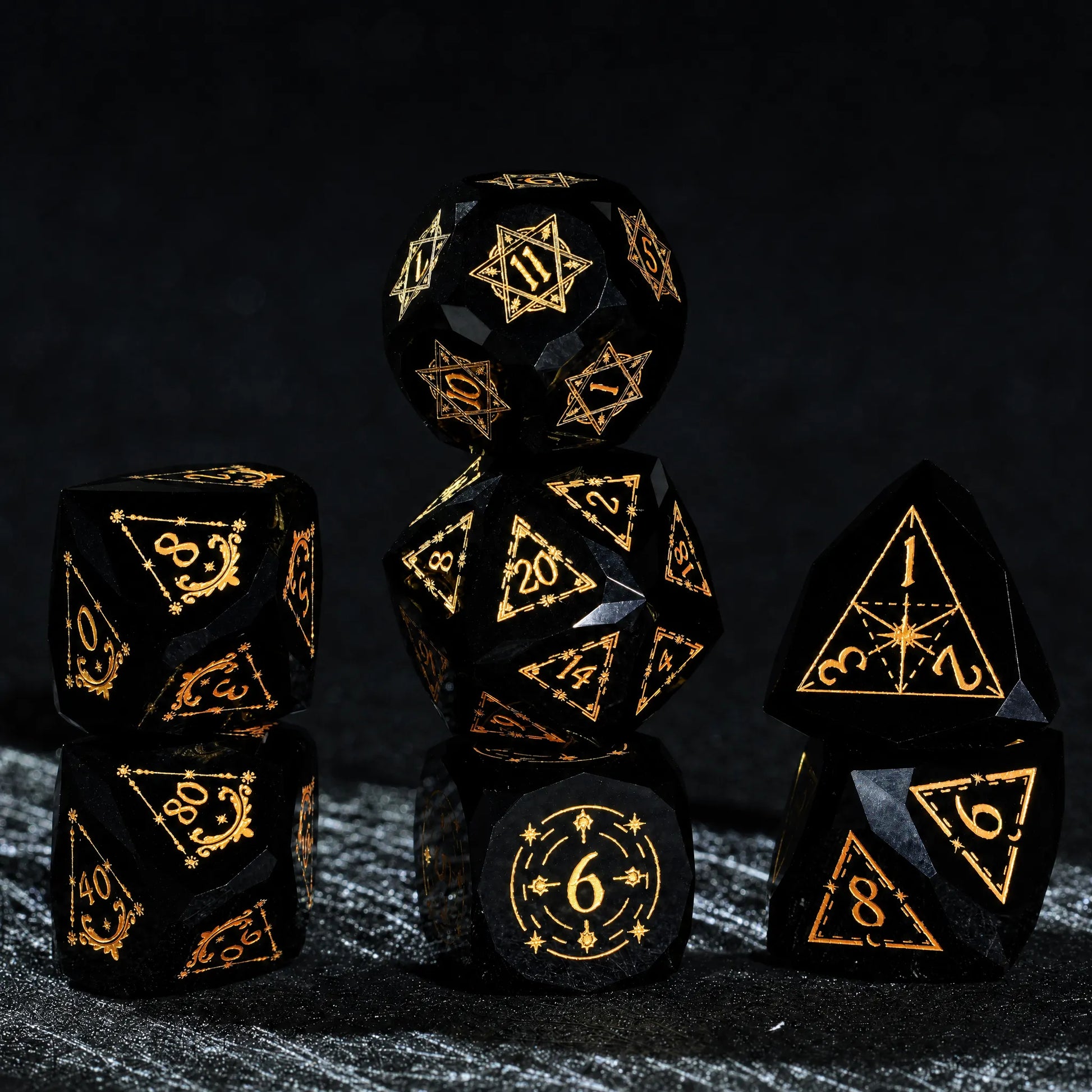 Top view of the seven-piece Celestial Black Obsidian Dice Set with d4, d6, d8, d10, d12 and d20