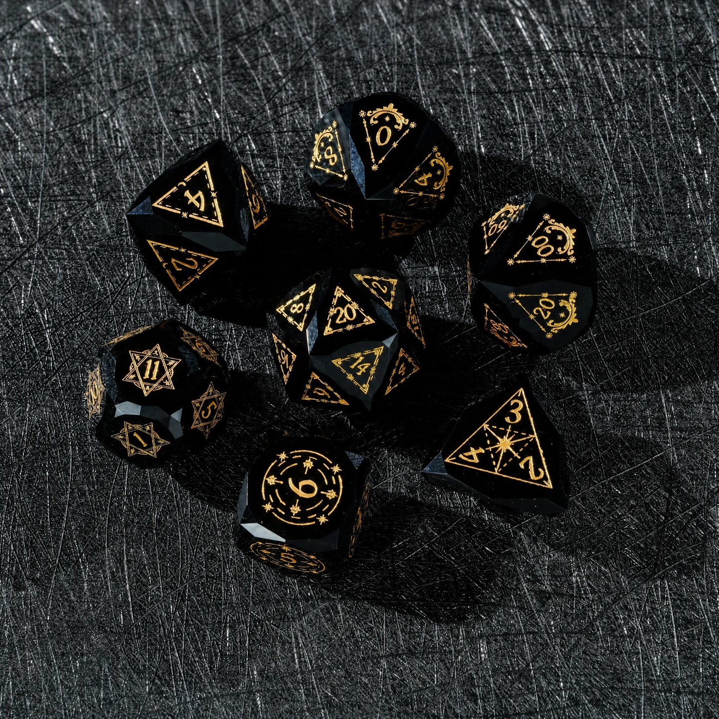 Complete seven-piece Celestial Black Obsidian Dice Set stacked for a DND tabletop RPG set