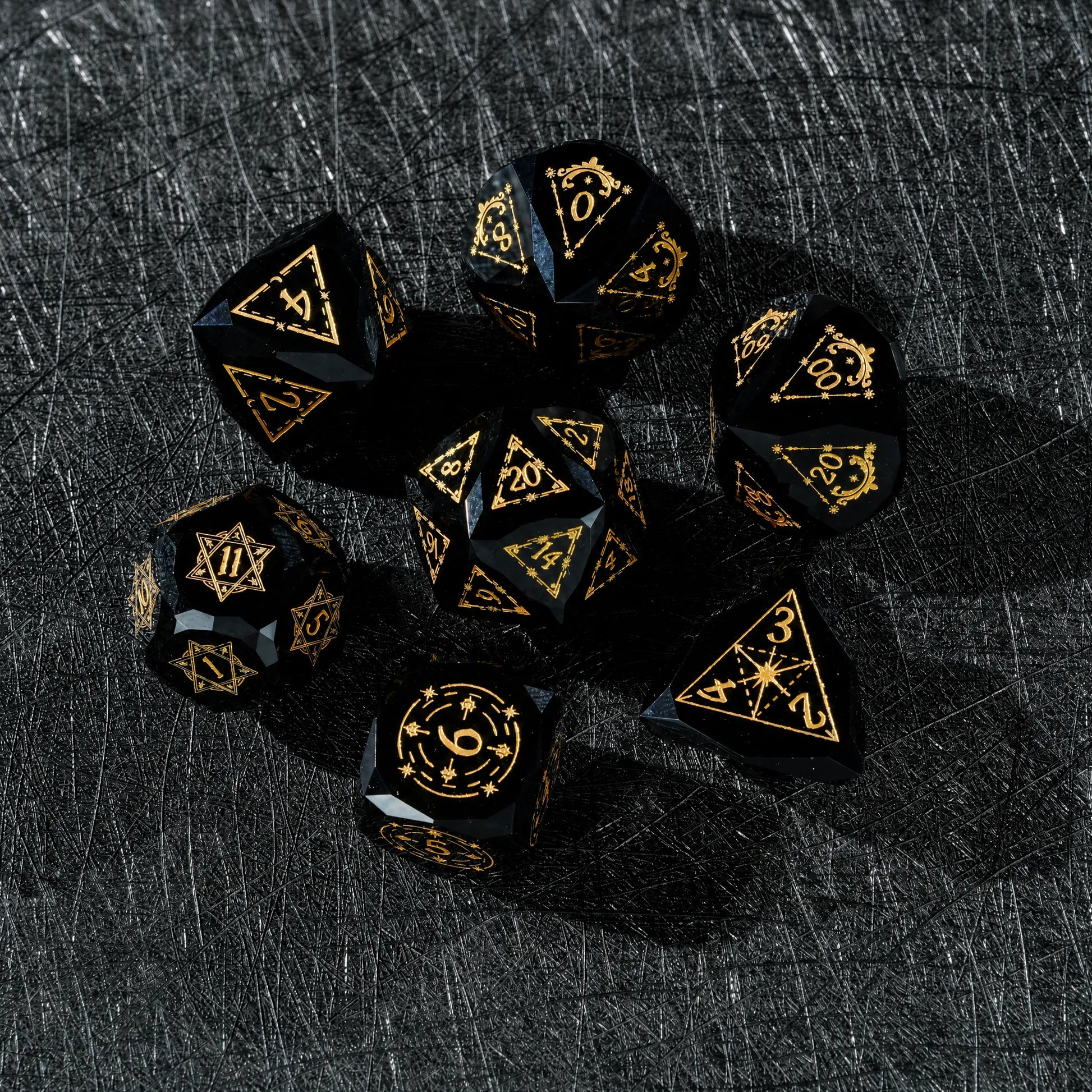 Complete seven-piece Celestial Black Obsidian Dice Set stacked for a DND tabletop RPG set
