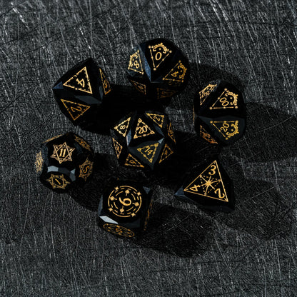 Complete seven-piece Celestial Black Obsidian Dice Set stacked for a DND tabletop RPG set