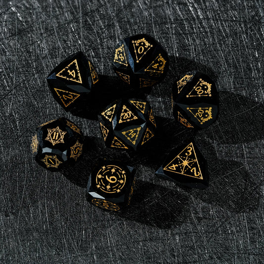 Complete seven-piece Celestial Black Obsidian Dice Set stacked for a DND tabletop RPG set