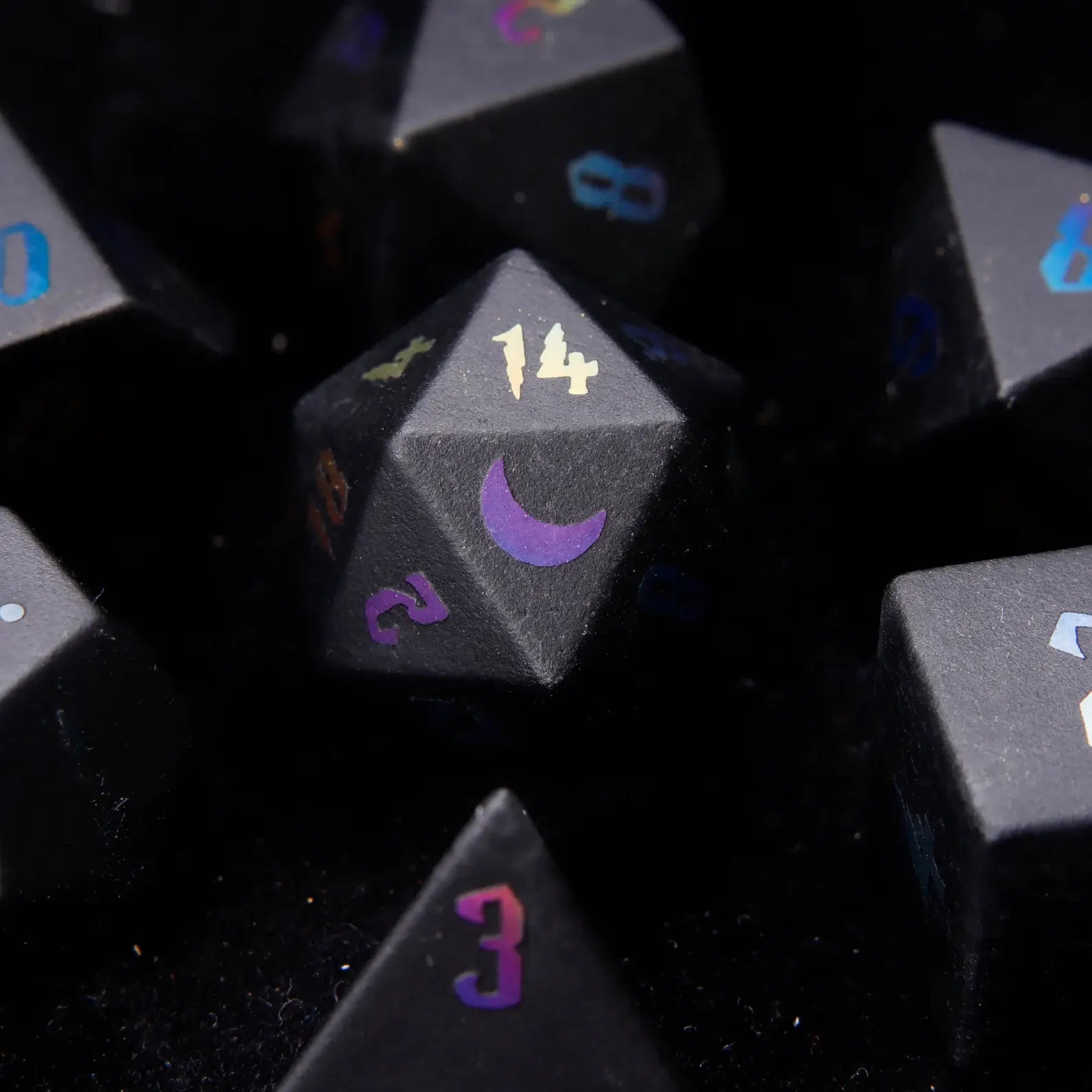 Close-up of the Black Obsidian D20 Lightning die, highlighting its unique lightning patterns and sharp edges for a superior rolling experience.