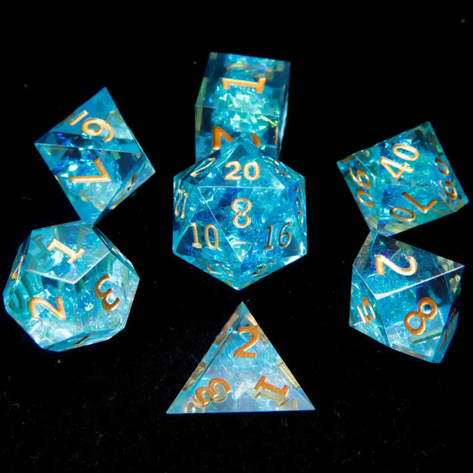 A close-up view of the Blue Lightning D20 die, highlighting its electric blue lightning patterns and crystal-clear resin finish.