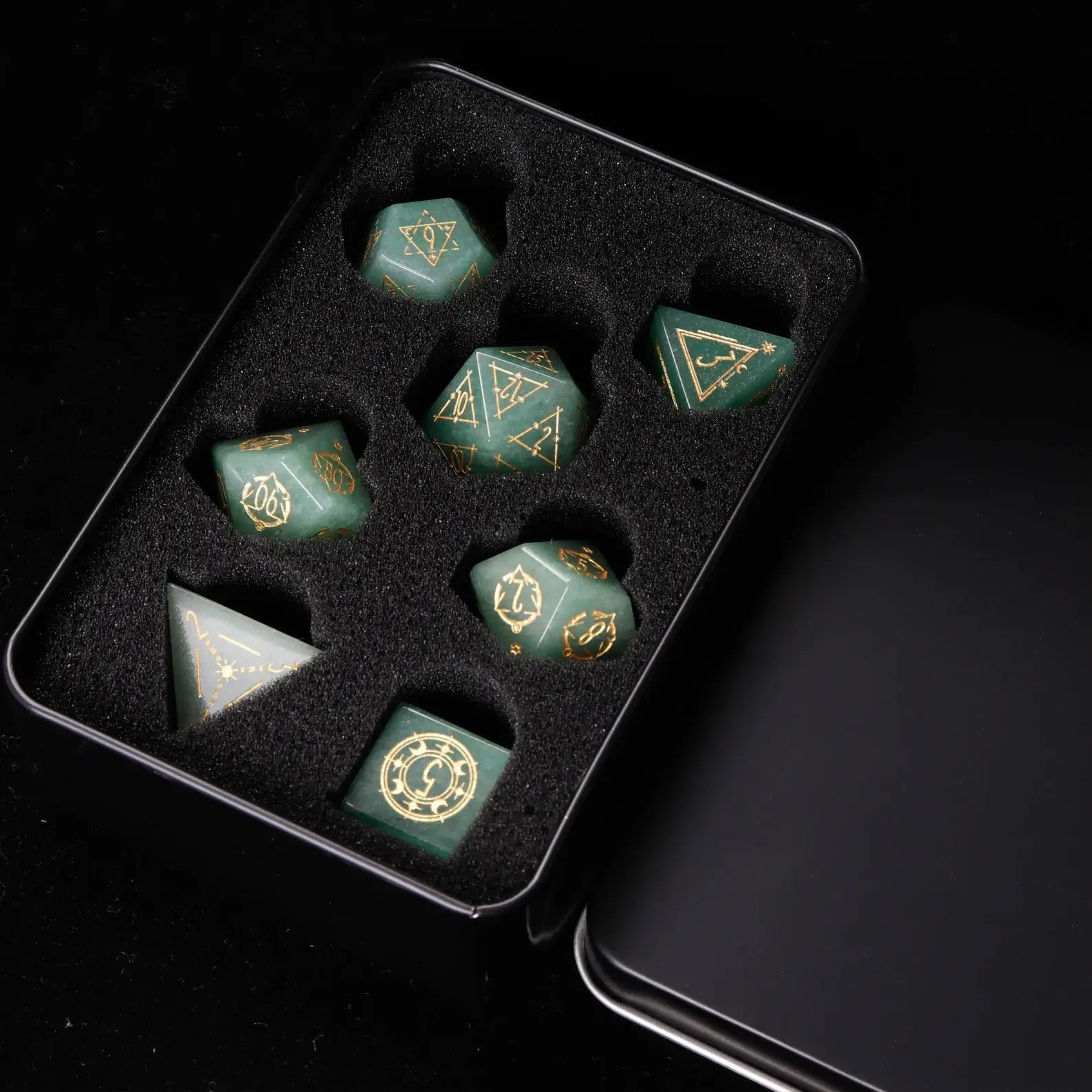 Close-up of the Green Jade D20 die, highlighting its smooth texture and distinctive jade marbling for a refined look.