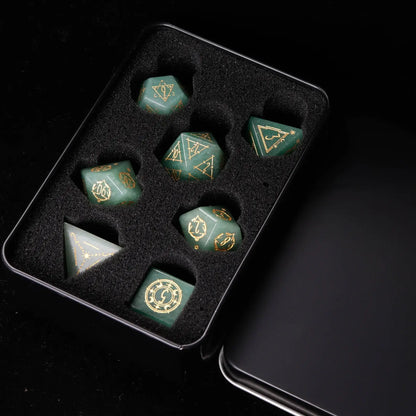 Close-up of the Green Jade D20 die, highlighting its smooth texture and distinctive jade marbling for a refined look.