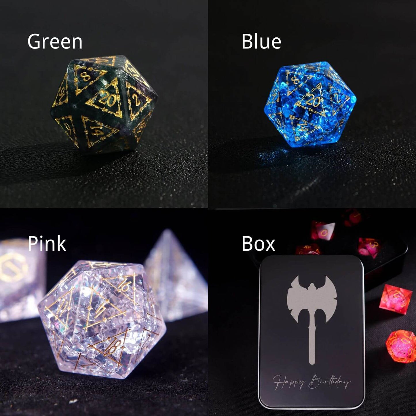 Group shot of Blue, Pink, and Green Sharp Edge Dice Sets displayed with the Iron Collector's Box. For showing available colors and box options.