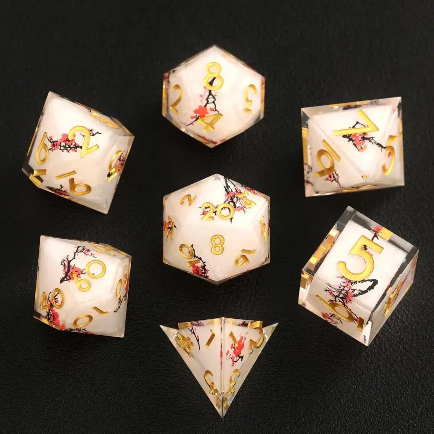 Full 7-piece Botanical Floral D&D Dice Set, featuring D4, D6, D8, D10, D%, D12, and D20, each with stunning floral designs.