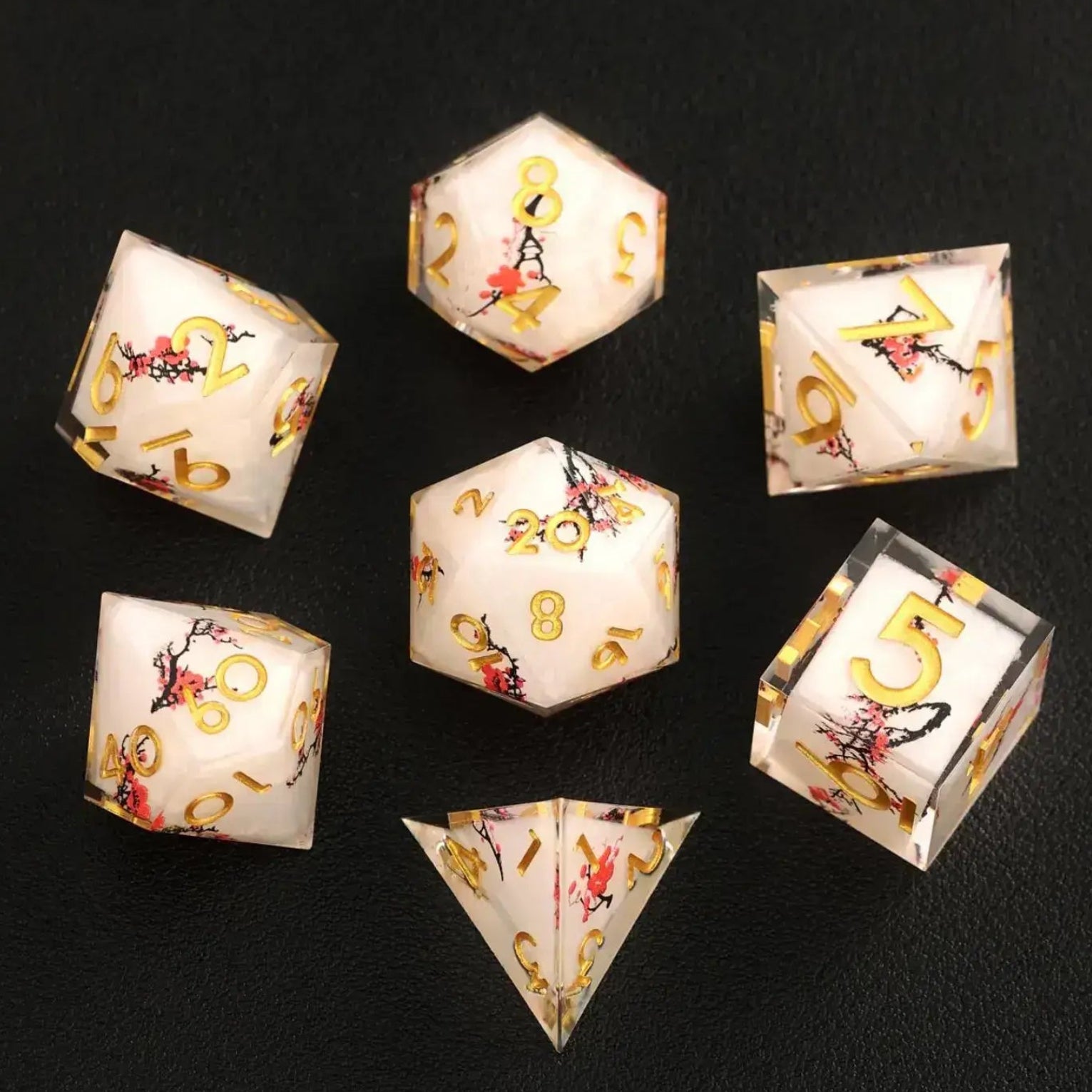 Full 7-piece Botanical Floral D&D Dice Set, featuring D4, D6, D8, D10, D%, D12, and D20, each with stunning floral designs.