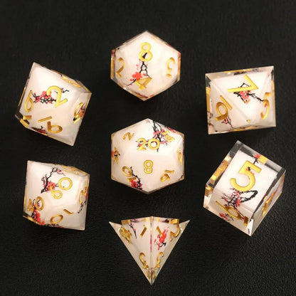 Full 7-piece Botanical Floral D&D Dice Set, featuring D4, D6, D8, D10, D%, D12, and D20, each with stunning floral designs.